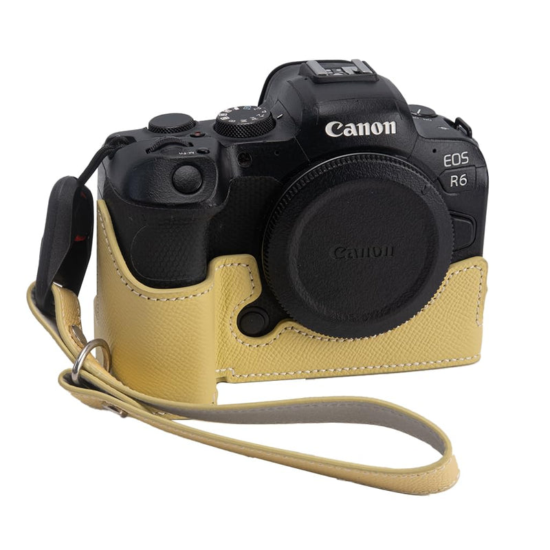 for Canon EOS R6/R6II Camera Case,Handmade Genuine Real Leather Half Camera Case Bag Cover for Canon EOS R6/R6II Camera Bottom Opening Version + Hand Strap (Yellow) yellow