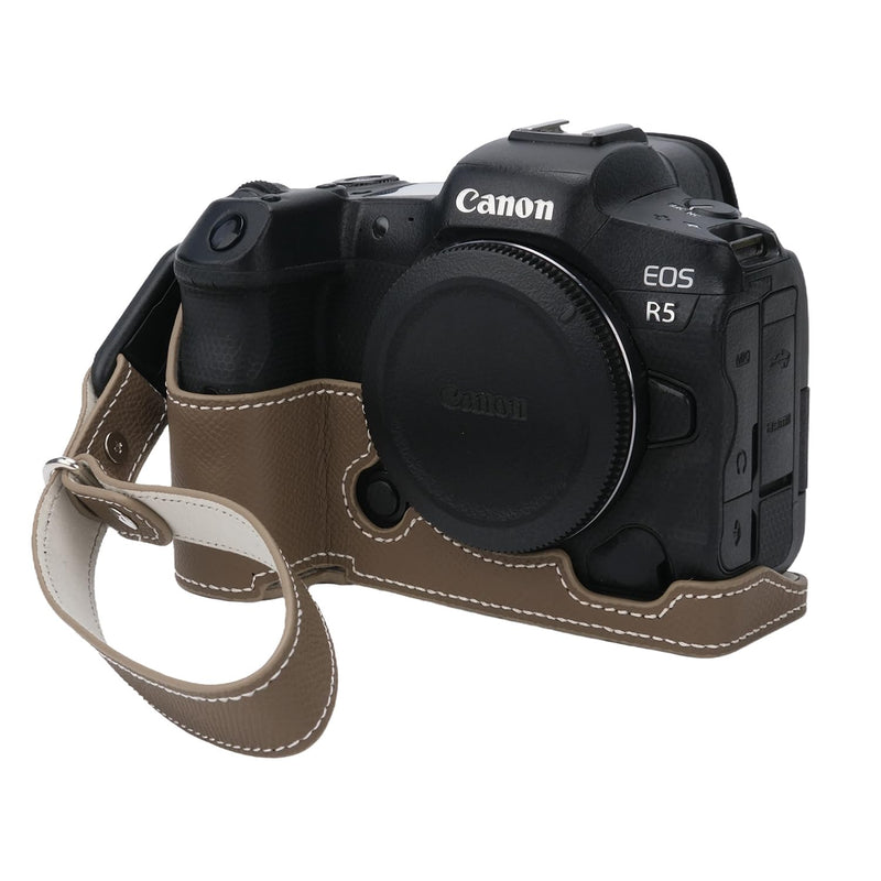 Canon EOS R5 Camera Case,Handmade Genuine Real Leather Half Camera Case Bag Cover for Canon EOS R5 Camera Bottom Opening Version + Hand Strap (Taupe) taupe