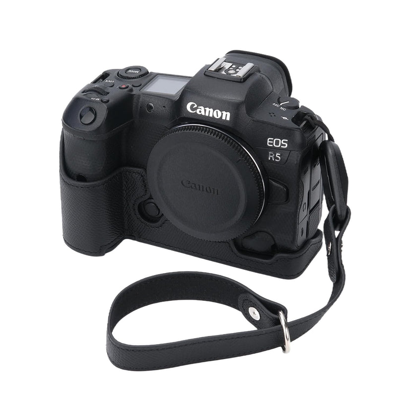 for Canon EOS R5 Camera Case,Handmade Genuine Real Leather Half Camera Case Bag Cover for Canon EOS R5 Camera Bottom Opening Version + Hand Strap (Black) black