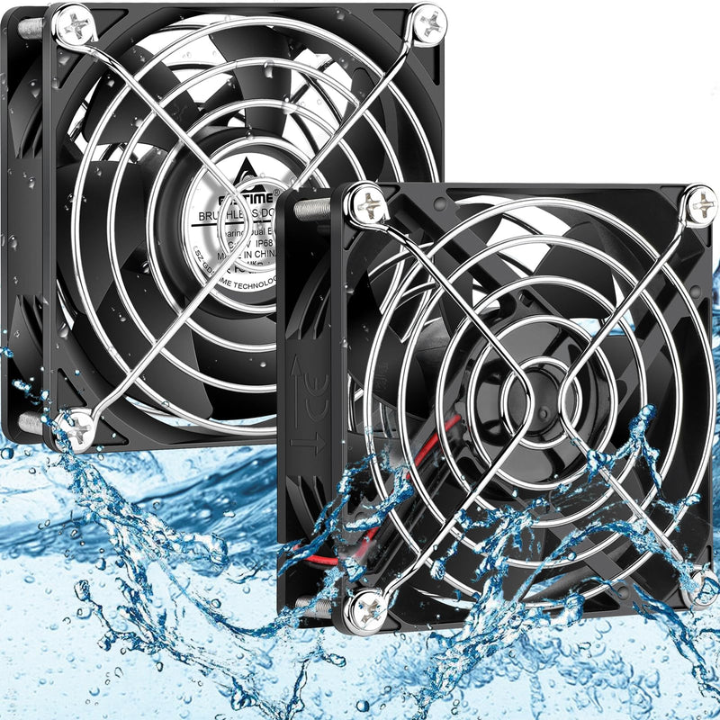 GDSTIME 80mm x 25mm 12V IP68 Waterproof Exhaust Fan Small Brushless DC Cooling Computer Case Fan 2 Pin Dual Ball Bearings for RV Fridge Ventilation, 2 Pack 80x25mm