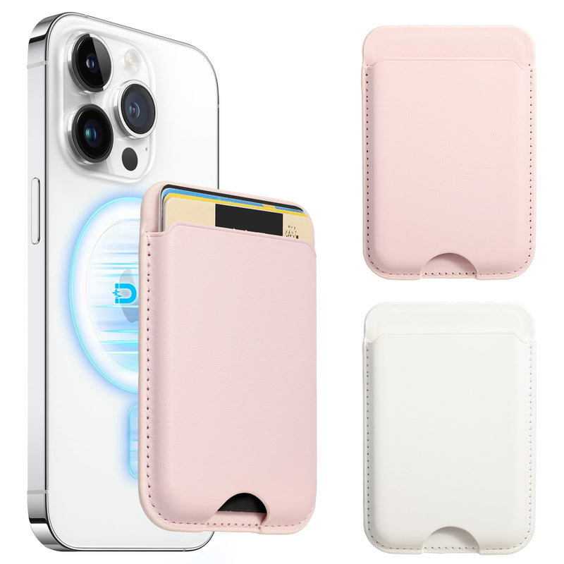 Magnetic Wallet Compatible with Apple Magsafe,2Pack Mag Safe Card Holder for iPhone 15/14/13/12 Pro/Max/Plus/Case,Vegan Leather RFID Phone Wallet Fits 4 Cards - White+Pink