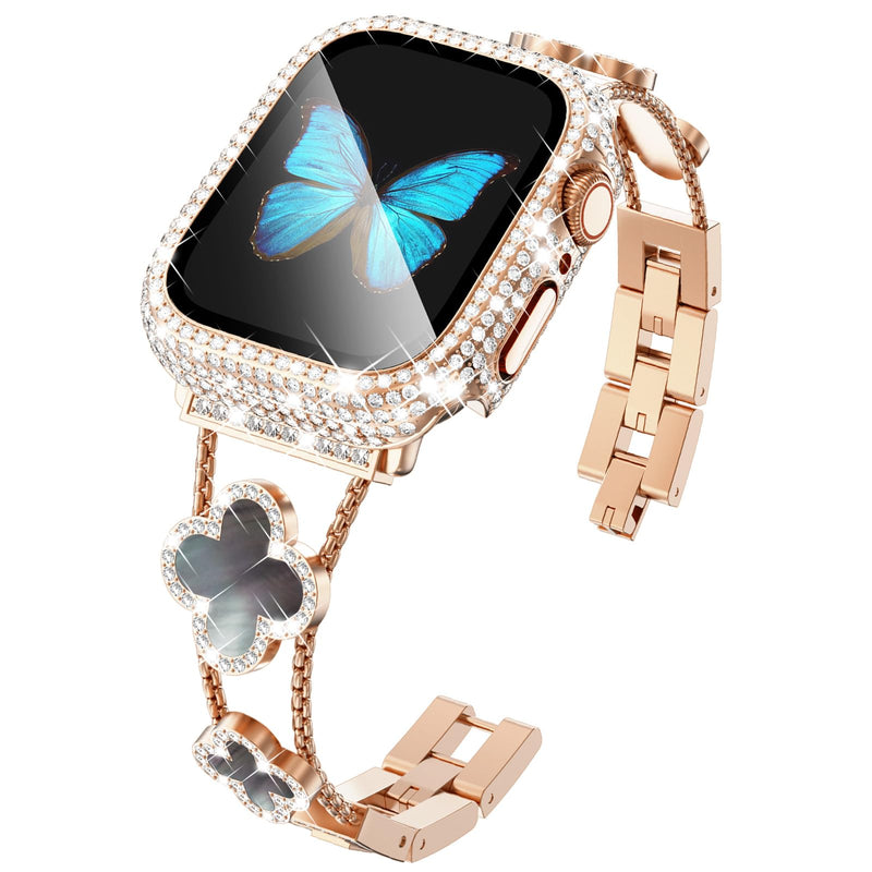 KADES Band with Case Compatible for Apple Watch Series 9 8 7 45mm/41mm Series 6 5 4 SE SE2022 44mm/40mm Series 3 2 1 42mm/38mm, Sparkling Bling Diamond Bands with Full Diamonds Case Rose Gold with Black Pearl Shell Only for 40mm