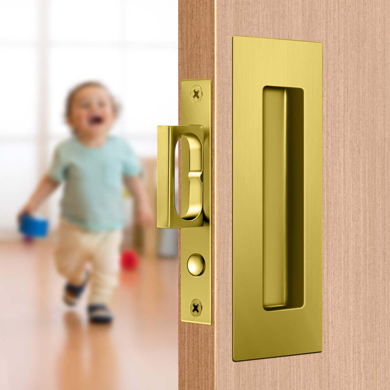 6-Inch Pocket Door Hardware Set - Complete 304 Stainless Steel Kit with Pop-Out Ring Pocket Door Handle, Edge Pull,Door Thickness Minimum 1 7/14 inches Gold