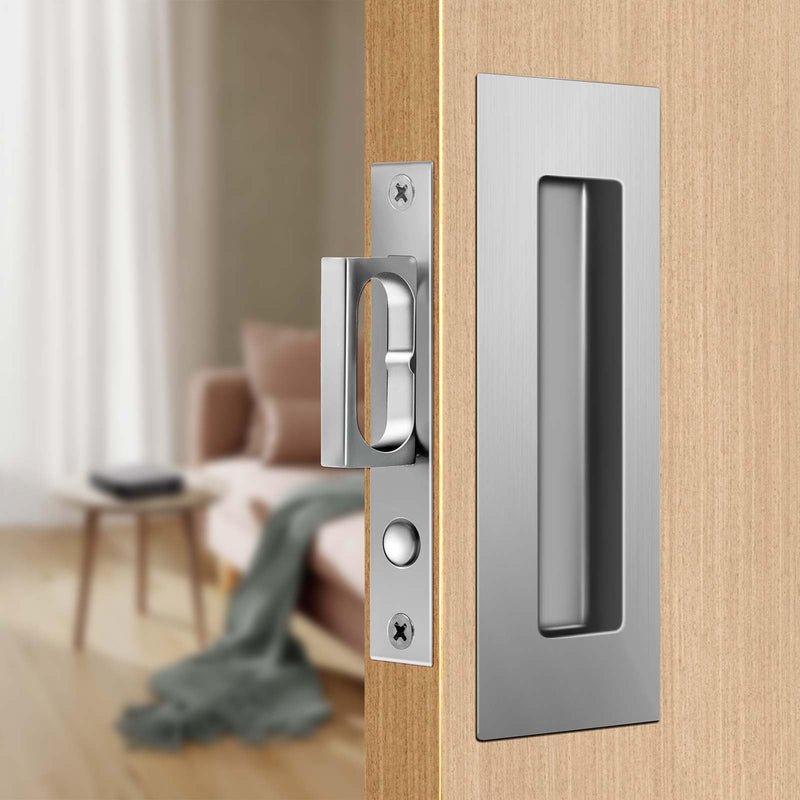 6-Inch Pocket Door Hardware Set - Complete 304 Stainless Steel Kit with Pop-Out Ring Pocket Door Handle, Edge Pull,Door Thickness Minimum 1 7/14 inches Silver