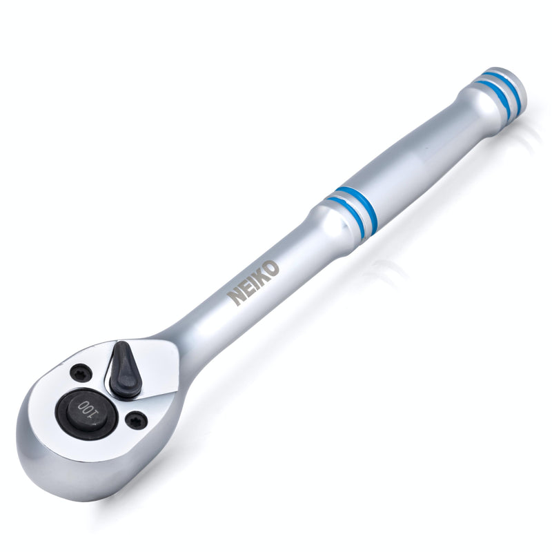 NEIKO 3/8 Inch Ratchet Wrench, 100-Tooth Reversible, 3.6 Degree Swing, Quick Release, 8" Long Handle, Silver Chrome Vanadium Steel 3/8" Drive 8" Length, 100-Tooth