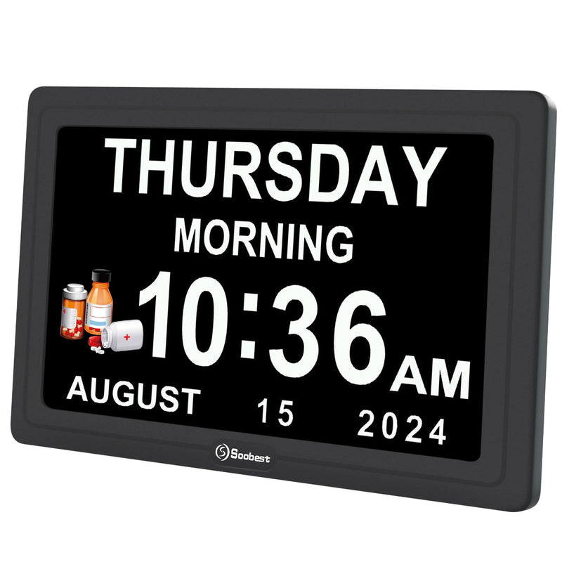 Soobest Dementia Digital Clock for Seniors Elderly, 20 Alarm Reminders 3 Ringtones for Memory Loss Alzheimers, Electric Time Date Day Large Display Calendar Clock, Auto DST, 1024 * 600P HD 7" Hd Black (Plug-in)
