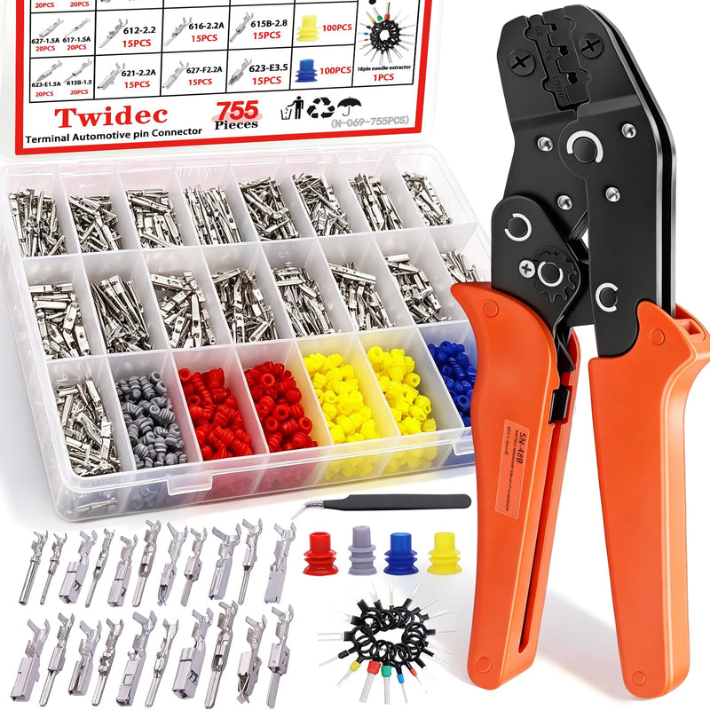Twidec/755Pcs 21Type Car Electrical Wire Terminal 1/1.5/1.8/2.2/2.8/3.5mm Connector Pins Terminal Auto Electric Connector Non-Insulated Plug Removal Male Female Crimp Pins with Crimping Pliers 755PCS+Crimping Pliers