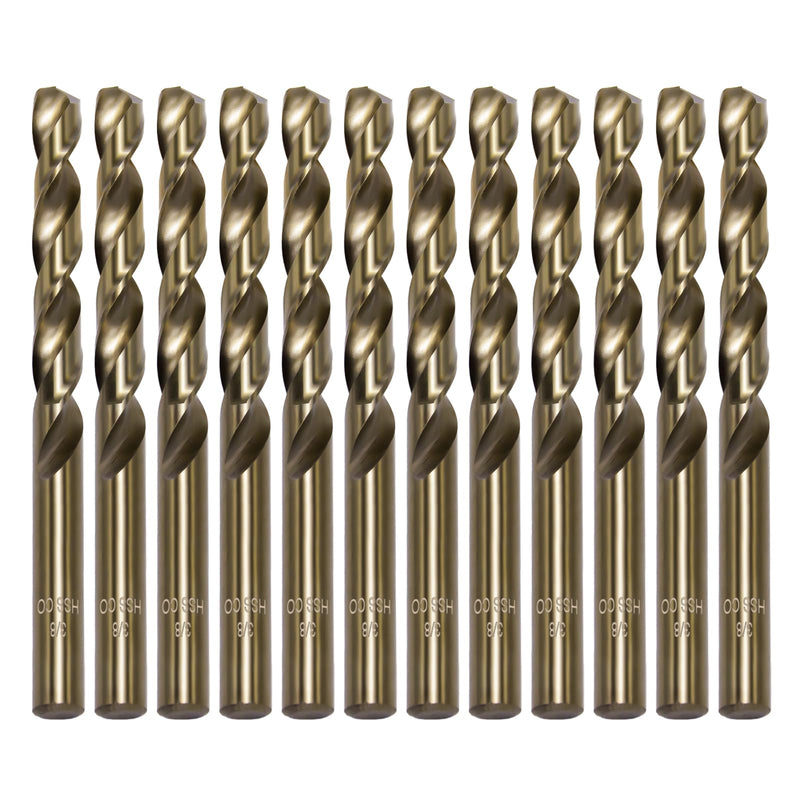 10Pcs 3/8" Cobalt Drill Bit Set, M35 High Speed Steel Jobber Length Drill Bit Kit for Hardened Metal, Stainless Steel, Cast Iron, Wood and Plastic 10Pcs 3/8"