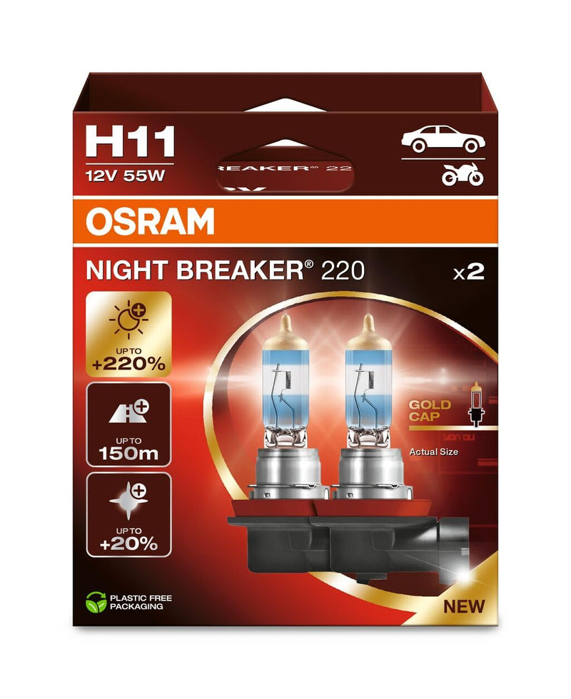 OSRAM NIGHT BREAKER 220, H11, 220% Brighter Halogen Headlight Lamp, 64211NB220-2HB, Folding Box (2 Lamps) 2 lámparas