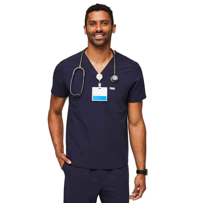 FIGS Chisec Scrub Top for Men – 3 Pockets, Tailored Fit, Squared V-Neck, 4-Way Stretch, Moisture-Wicking Large Navy Blue