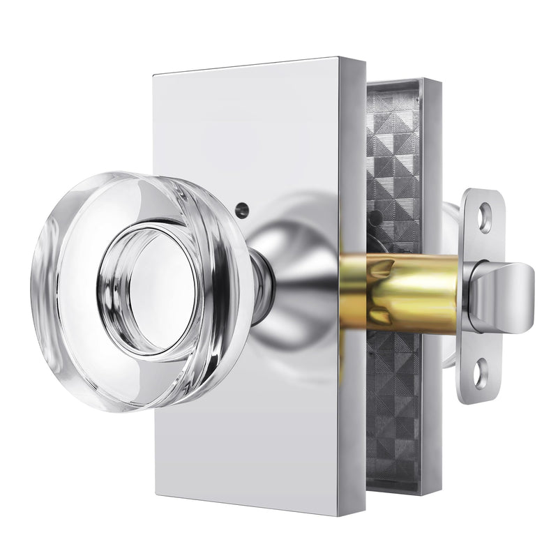 Polished Chrome Crystal Privacy Door Knob, Zinc Alloy, 1Pack | Glass Interior Door Handle for Bedroom Bathroom |Water Proof|Adjustable Latch|Reversible Polished Chrome