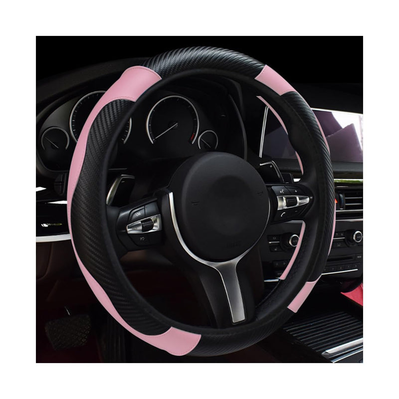 Car Steering Wheel Cover, 15 Inch Leather Breathable Auto Steering Wheel Protector, Comfortable Non-Slip Vehicle Steering Wheel Covers, Universal Interior Car Accessories (Black+Pink) Black+Pink