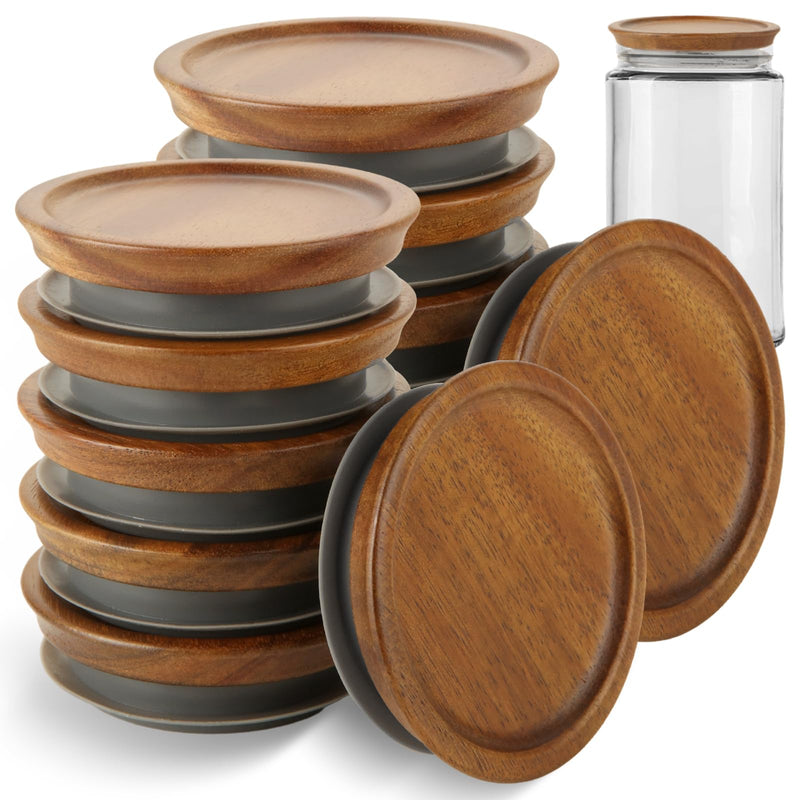 QTLCOHD 12 Pack Regular Mouth Mason Jar Lids | Acacia Wooden Storage Canning Lids with Airtight Silicone Seal for Ball Mason Kerr Jars