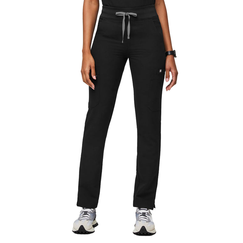 FIGS YOLA High Waisted Skinny Scrub Pants for Women — 11 Pockets, 4-Way Stretch, Yoga Waistband Regular Medium Black