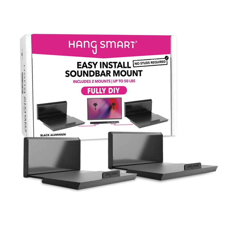 HangSmart TV Soundbar Mount NO Stud & NO Drill Easy Install, DIY Universal Sound Bar Wall Mount Bracket, Holds up to 50LBS, Adjustable fits Most Soundbars. (Black) Black 1 Pack