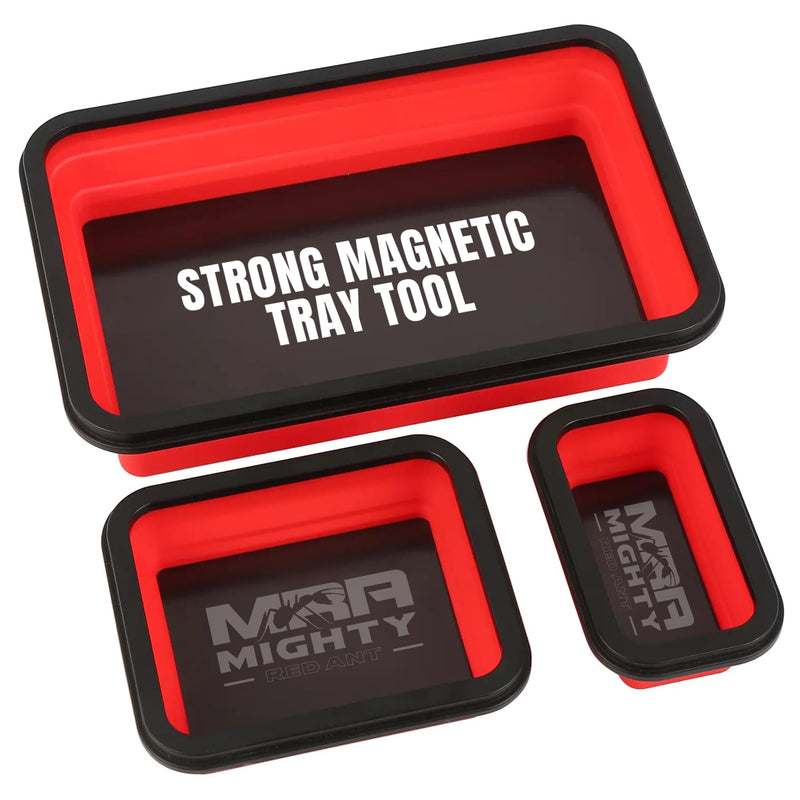 Magnetic Parts Tray Set 3-Pack - Collapsible Silicone Magnetic Tray with Strong Base - Multi-Size (Red) Red