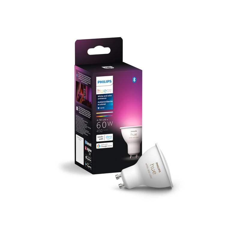 Philips Hue Smart 60W GU10 LED Bulb - White and Color Ambiance Color-Changing Light - 1 Pack - 450LM - Indoor - Control with Hue App - Compatible with Alexa, Google Assistant and Apple Homekit