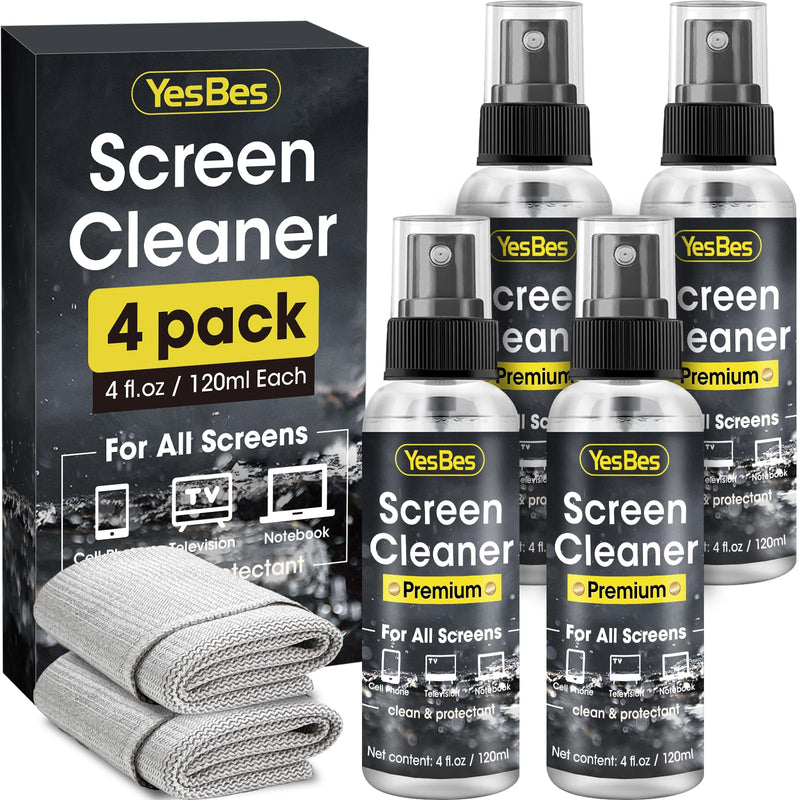 Screen Cleaner Spray 16oz (4oz x 4 Pack) - TV Screen Cleaner Spray and 2 Microfiber Cloths, Computer Screen Cleaner & Car Screen Cleaner for TV, Monitor, Laptop, MacBook, iPad and Electronic Devices