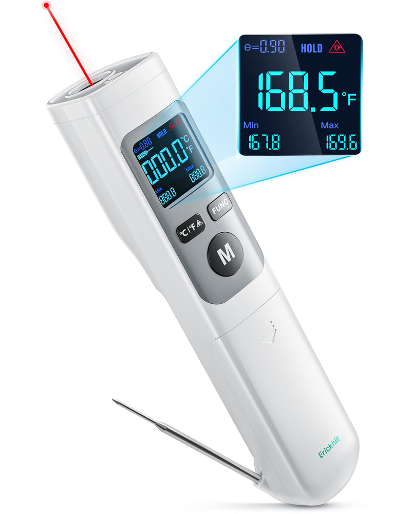 ERICKHILL Infrared Thermometer Gun, Heat Temp Temperature Gun with Meat Probe 2-in-1, Digital IR Laser Thermometer Gun for Cooking, Pizza Oven, Meat, Griddle, Grill, HVAC ROOKPRO
