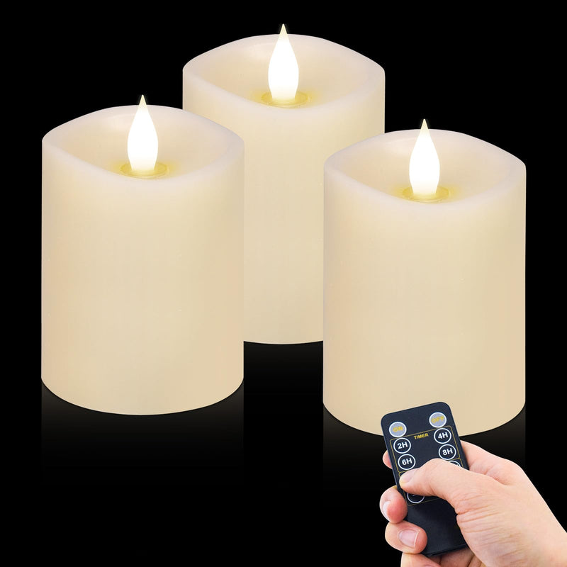3x4 Flickering Flameless Candles Set of 3,Real Wax Pillar LED Candles,with Timer,4 inch Flameless Candles with Remote,for Party Wedding Holiday Home Decor,Ivory Ivory 3"*4"-3pcs