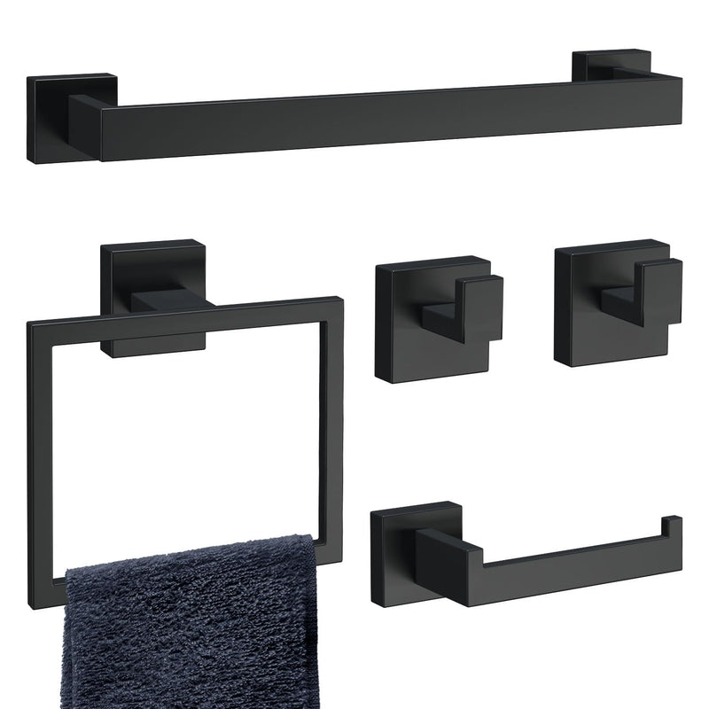 HAWKROWN 5-Piece Matte Black Bathroom Accessories Set, SUS304 Stainless Steel Wall Mounted 14.2 Inch Hand Towel Bar, Toilet Paper Holder, Towel Ring, Towel Hooks, Bathroom Hardware Set, Towel Bar Set 5 Piece-14.2 inch