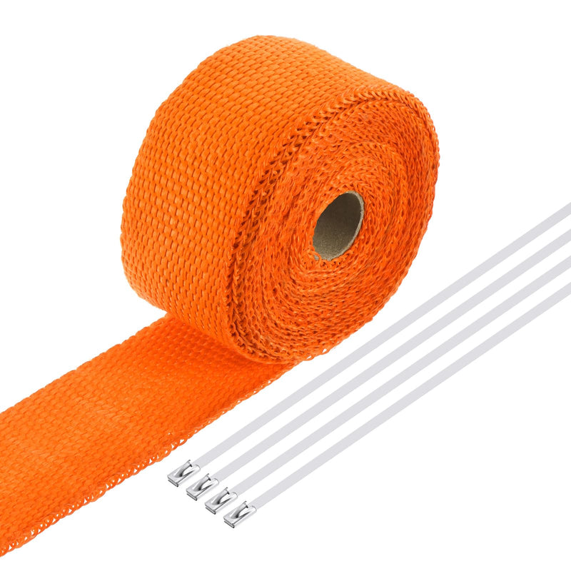 MECCANIXITY Fiberglass Exhaust Wrap Tape, 2" x 16' Orange Header Heat Wrap with 4 Stainless Ties for Hot Rods and Motorcycle 2" x 16'