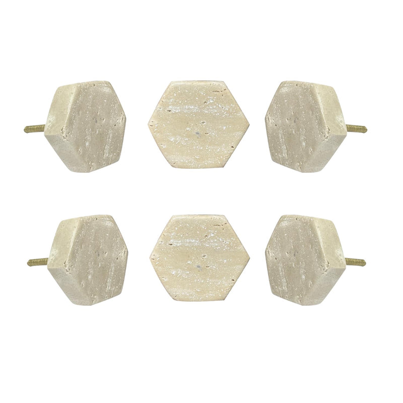 Perilla Home Set of 6 Marble Knobs for Cabinet & Drawers Decorative Travertine Hexagon Knobs for Home Kitchen Cabinet Hardware Cupboard Glass Door Dresser Wardrobe Pulls (Beige)
