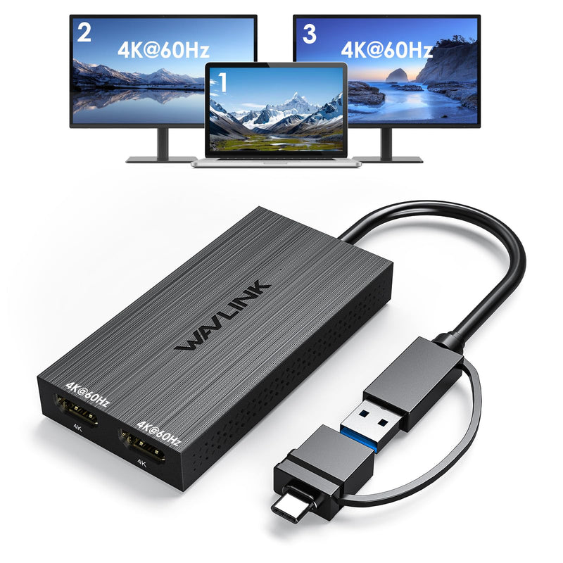 WAVLINK USB 3.0 or USB C to Dual HDMI 4K@60hz Splitter Extended Display for Dual Monitor, Displaylink Adapter Two HDMI 4K 60Hz for Apple Mac M1-M5/Macbook Neo or Windows 10/11,Driver Required 4K60Hz