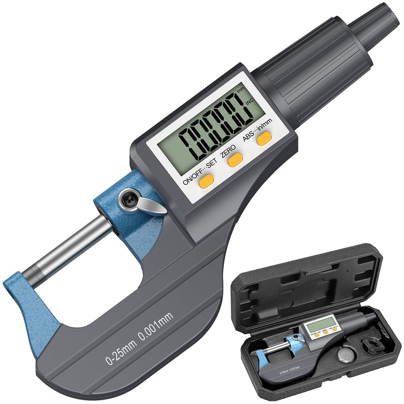 HDLKNAK Digital Micrometer, Outside Micrometer Precision Measuring Tool, 0-1"/0-25 mm, Inch/Metric 0.00005"/0.001 mm, Machinist Thickness Gauge Tool, Large LCD Display Blue