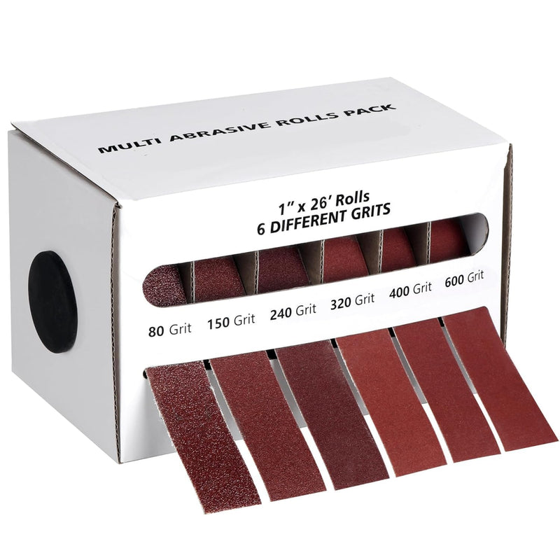 Emery Cloth Roll,6 Grits 1'' x 26FT Sandpaper Roll with Dispenser,80 150 240 320 400 600 Grit Sand Assortment,Sanding Paper Roll & Sandpaper Sheets for Metal Auto Wood Dry&Wet Polishing.(6Rolls 26FT) 6Rolls 26FT