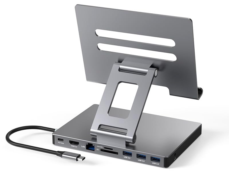 iPad USB C Hub Stand, 9-in-1 Multiport Adapter for iPad Pro M4 M3 M2 13 12.9 11 Inch Docking Station Foldable with 4K60Hz HDMI, RJ45 Gigabit Ethernet, SD/TF Card Reader, USB 3.0, 3.5 mm Audio ST901