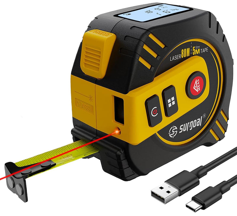 2-in-1 Laser Tape Measure 262ft Rechargeable Digital Tape Measure with Laser 16Ft Construction Measuring Tape for Woodworking and DIY, Pythagorean, Area, Volume, Ft/Ft+in/in/M Unit Magnetic Hook Red Laser Tape 16ft+262ft One Size