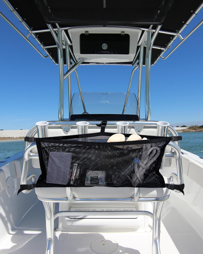 PLOZANO Boat Storage Bag with 3 Divisions, Adjustable Organizer, Mesh Tackle & Life Jacket Holder, Suspended Net for Leaning Post (32 INCH) 32 INCH