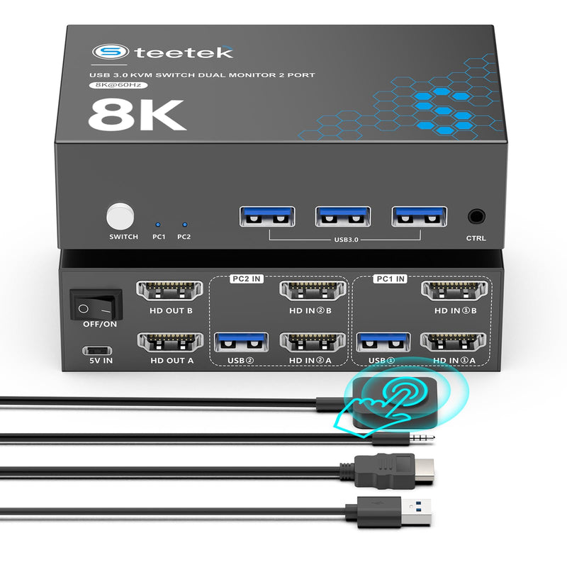 USB 3.0 HDMI KVM Switch 2 Monitor 2 Computers, 8K@60Hz KVM Switches for 2 Computers Sharing Monitor Keyboard Mouse Hard Drives Printer,with EDID Adaptive,2*USB Cable and Controller. 2 Monitors 2 Computers
