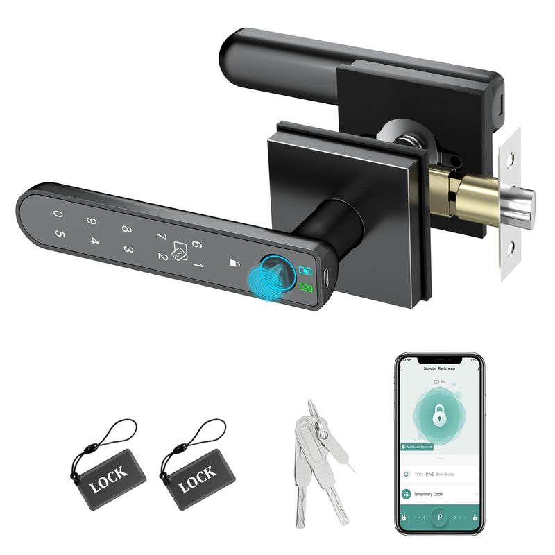 Foxgard Smart Fingerprint Door Lock:Fingerprint Door Knob-Biometric 5-in-1 Finger Print Door Lock-Thumb Print Door Knob for Bedroom-APP Control-Easy Installation–Square Black–1 Pack Modern