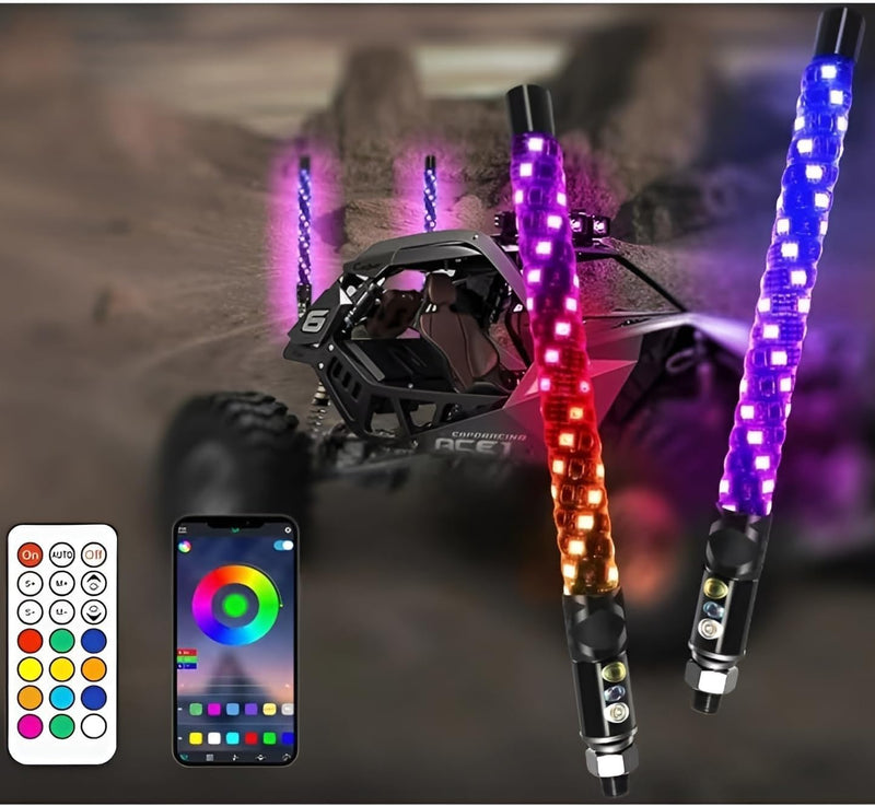 S7 2-pcs Whip Lights, LED Whip Light with App & Remote Control, Spiral RGB Chasing Lighted Antenna Whips,Whip Light for UTV ATV RZR SXS Can-Am Dune Buggy Offroad Truck (1ft) 1ft