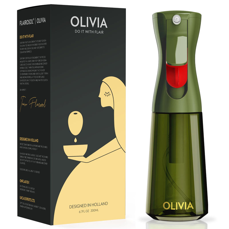 FLAIROSOL OLIVIA Oil Sprayer for Cooking, 200ml Glass Olive Oil Sprayer, Continuous Cooking Spray with Portion Control, Oil Dispenser for Kitchen, Air Fryer, Salad, BBQ (Green Bottle, Gold Print) 1 Pack Green