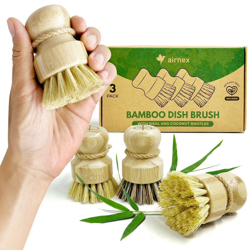 Bamboo Dish Brush Set of 3-100% Plastic Free Kitchen Scrubber with Medium Stiff Sisal and Strong Blend of Coconut Bristles - Non Scratch, Odor Free Wood Scrub for Pots, Pans and Vegetables 3 Pack