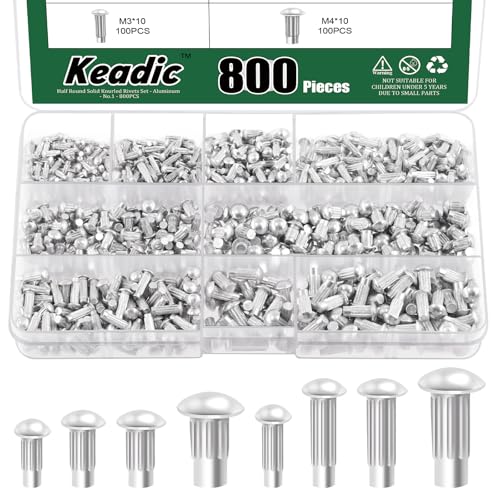 Keadic 800Pcs M2 M2.5 M3 M4 Aluminium Brazier Head Solid Rivet Assortment Set, 6mm 8mm 10mm Solid Aluminum Rivets for Repairing Boats Aircraft Automobile Machinery