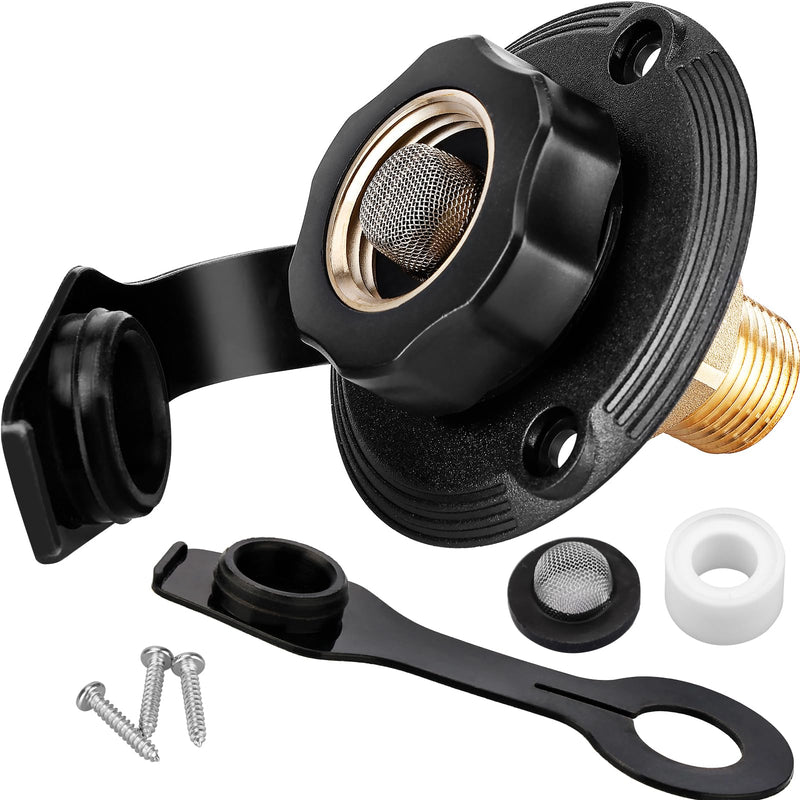RVGUARD RV City Water Inlet, 3/4" NH Female to 1/2" NPT Male City Water Fill Inlet Flange Brass with Check Valve for RV, Camper, Trailer, Marine (Black S) black