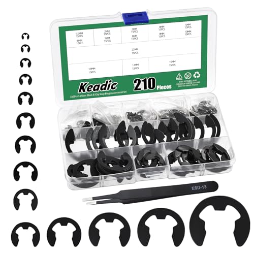 Keadic 211Pcs 14 Sizes E-Clip Assortment Set, M1.5/M2/M3/M4/M5/M6/M7/M8/M9/M10/M12/M15/M19/M22 Alloy Steel Circlip External Retaining Ring Kit Alloy Steel-black