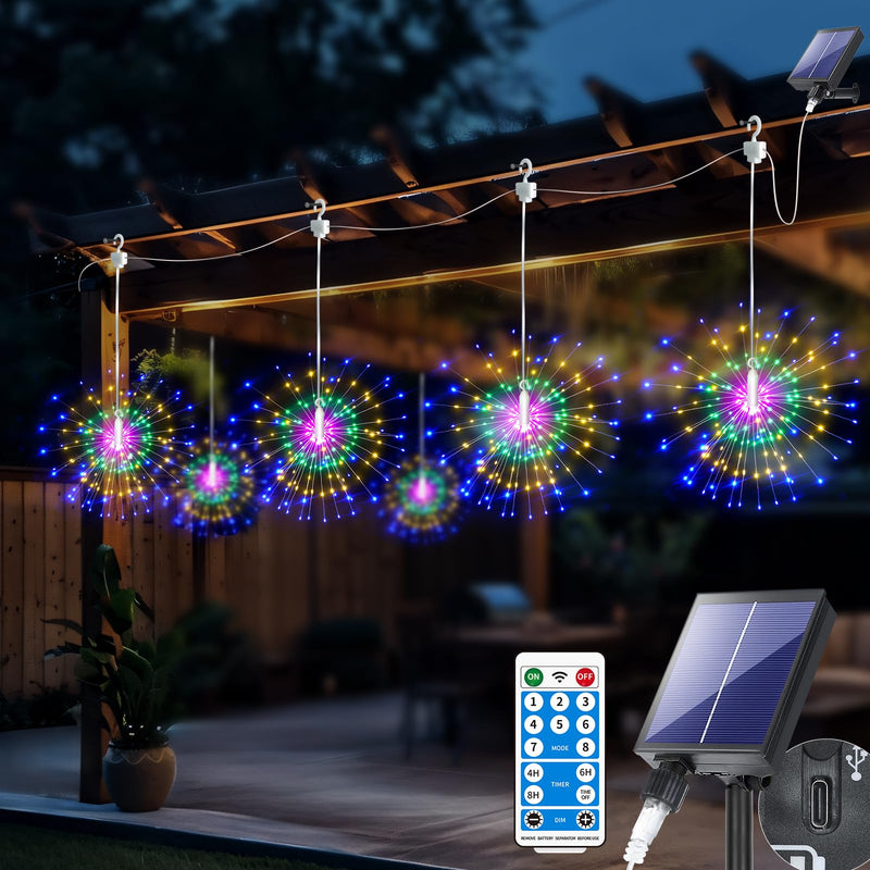 Starburst Sphere Lights, 6 Pack 1200LEDs Solar Firework Lights with Waterproof 8 Modes Remote DIY Type C Charging Dimmable Timer Outdoor Chandelier for Patio Pergola Party Wedding Christmas Multicolor