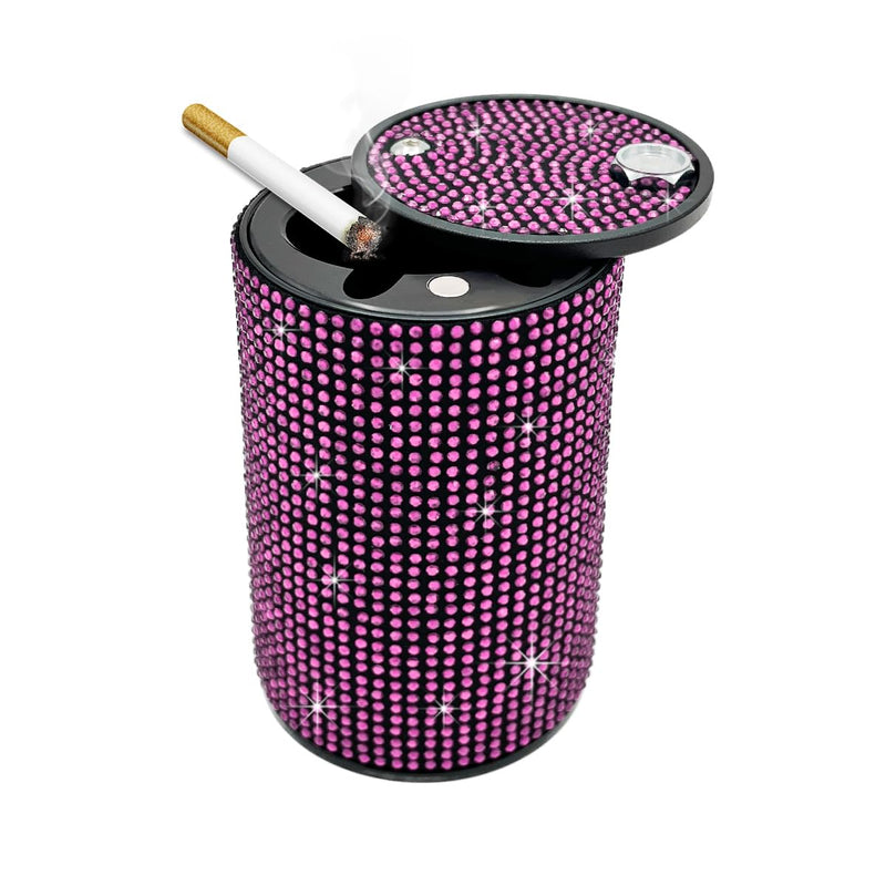 Bling Car Ashtray, Rhinestones Auto Mini Car Ashtray Portable with Lid Smell Proof, Smokeless Vehicle Cigarette Ashtray Ash for Women, Universal Interior Car Accessories (Pink) Pink