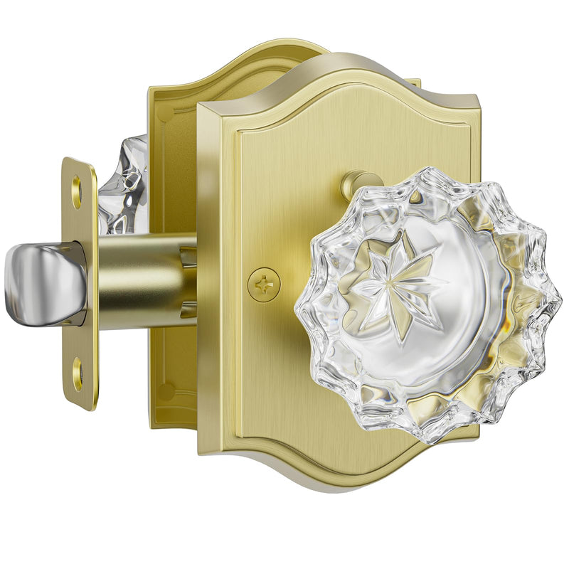 HOSOM Glass Door Knobs with Lock, Privacy Door Knob, Keyless Gold Door Knobs, Crystal Door knobs Interior Door Lock for Bedroom, Bathroom, Gold Privacy+Satin Brass Round Cover With bead