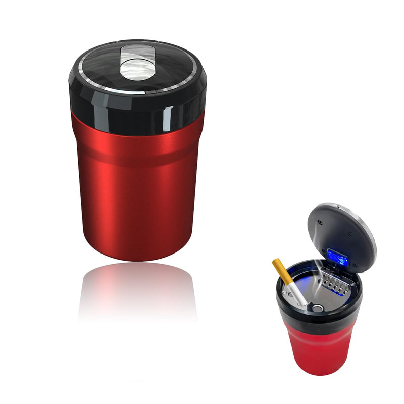 Car Ashtray, Portable Smokeless Cylinder Cup Holder Ash Tray, Smokeless Auto Ash Tray with Lid & LED Blue Light for Most Vehicles, Universal Interior Car Accessories (Red, Large) Red