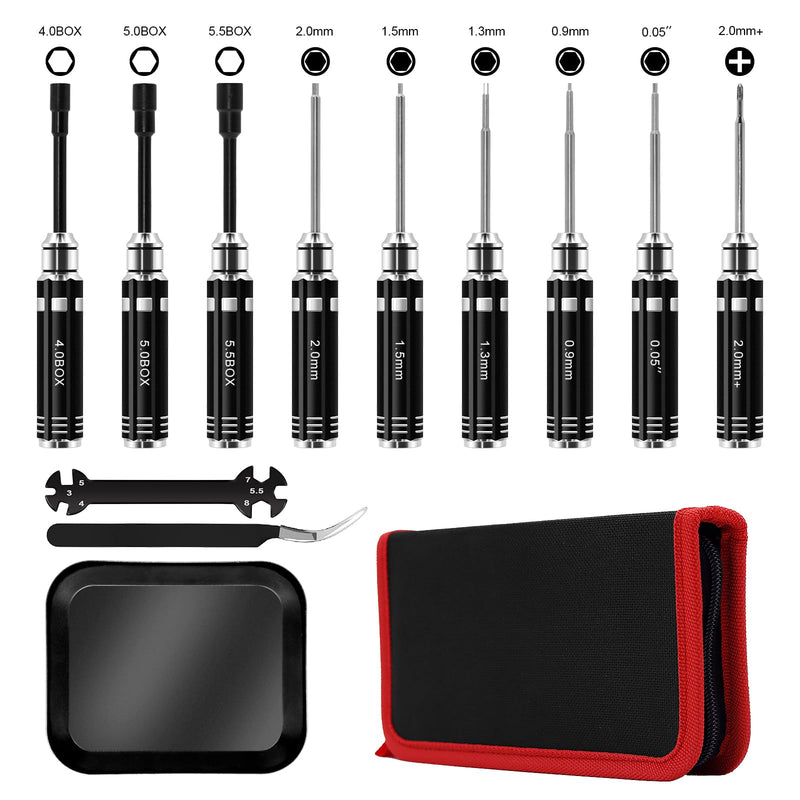 12Pcs Short Handle RC Tool Kit w/Quick Change Hex/Phillips/Flat Nut Drivers & Pliers for 1/18 1/24 Micro Crawler - SCX24, TRX4M, Axial, Traxxas, Losi Mini-T 2.0, FMS(Black) Black