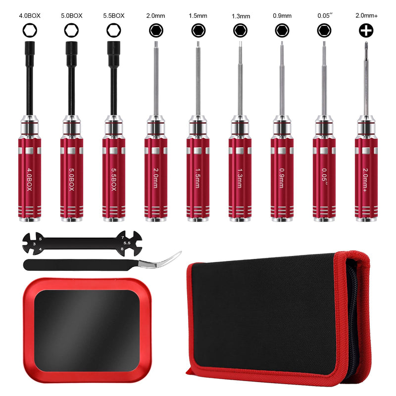 12Pcs Short Handle RC Tool Kit w/Quick Change Hex/Phillips/Flat Nut Drivers & Pliers for 1/18 1/24 Micro Crawler - SCX24, TRX4M, Axial, Traxxas, Losi Mini-T 2.0, FMS (Red) Red