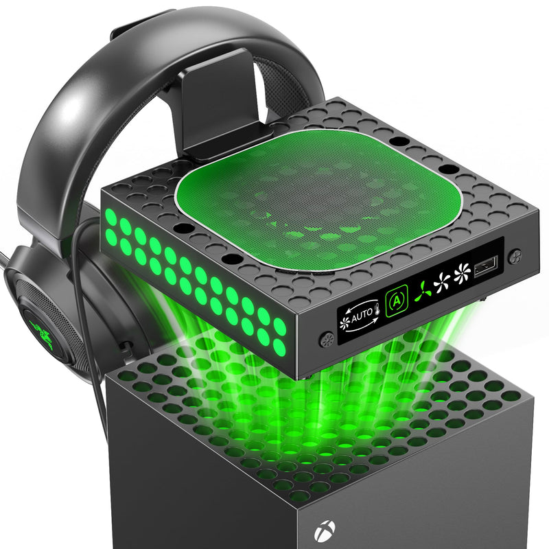 XBX Series X Cooling Fan Dust Proof with Auto Mode, for Xbox Series X Console with LED Lights, Built-in AUTO Adjustable Fan Cooling System, Xbox Series X Top Cooler, Game Accessory with Headset Holder