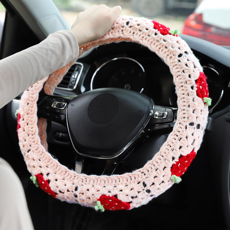 Crochet Steering Wheel Cover Set Women 14-15in, Handmade Granny Square Seat Belt Covers, Boho Strawberry Car Accessories Fit Vehicles, Sedans, SUVs, Vans CSWCS (Single Wheel Cover) Single Wheel Cover