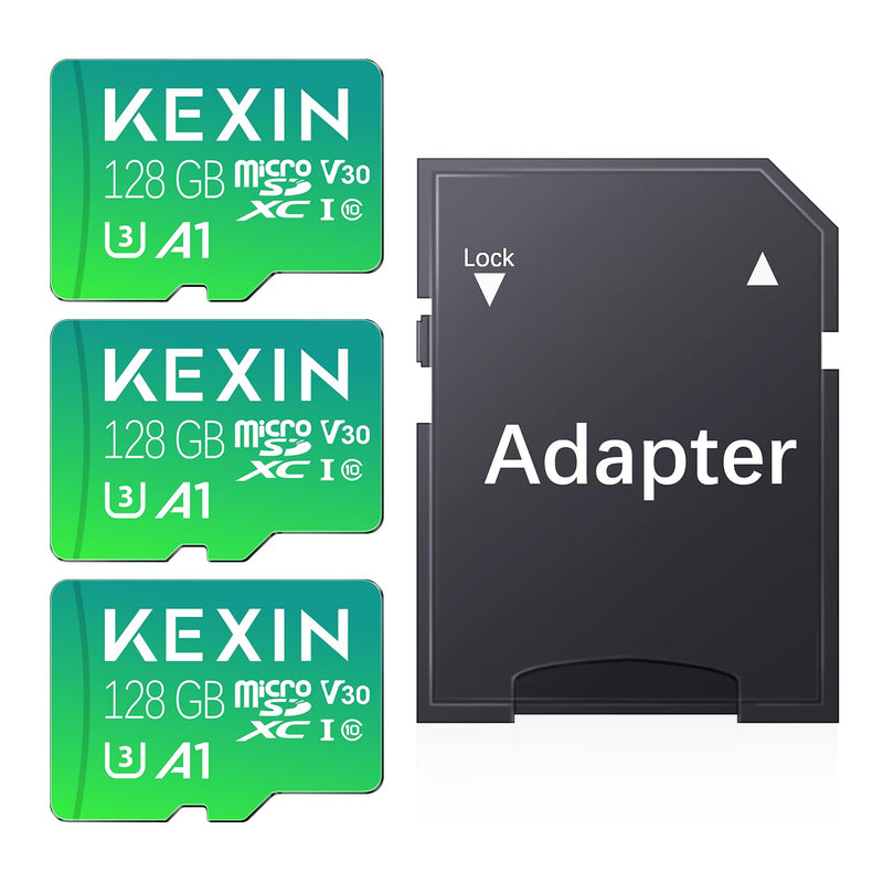 KEXIN 128GB Micro SD Card 3 Pack with Adapter - Up to 90MB/s 4K, V30, A1, C10, 4K UHD High Speed microSDXC UHS-I Memory Card Compatible with Action Camera Drone Game Smartphone Tablet 128G 3Pack